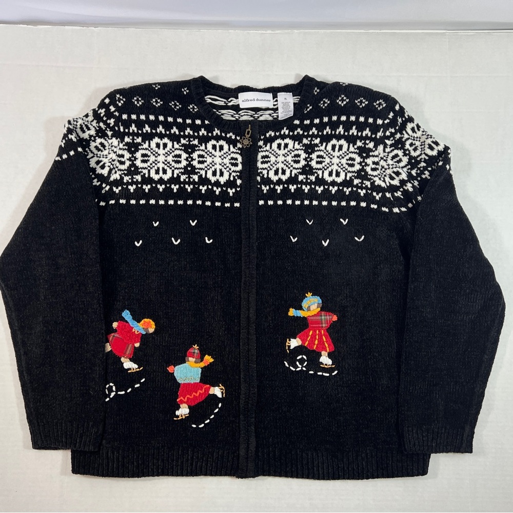 Alfred Dunner Womens Zip Up Embroidered Christmas Sweater Cardigan Size XL
